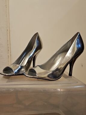 BCBGirls Metallic Silver Peep-Toe Stiletto Heels